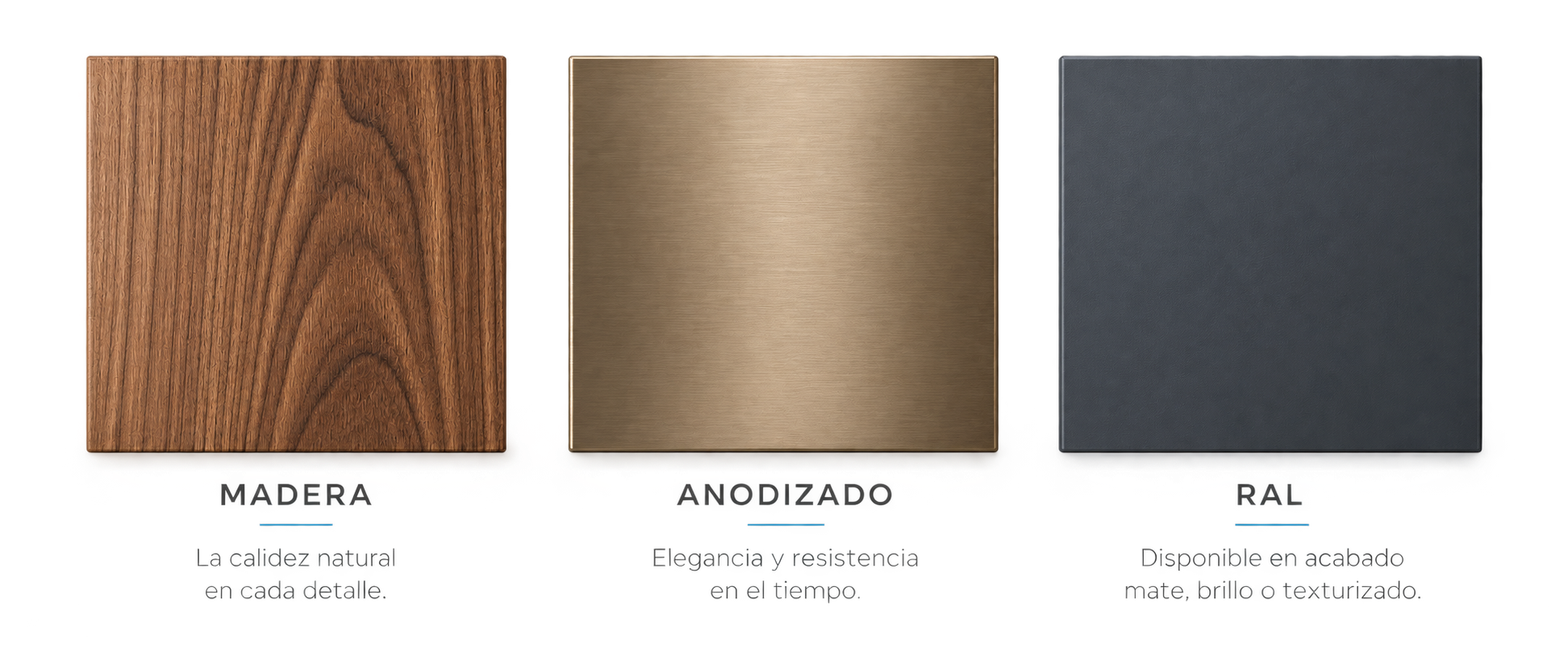 Muestras de acabados madera, anodizado bronce y RAL para sistemas Refine y aluminio