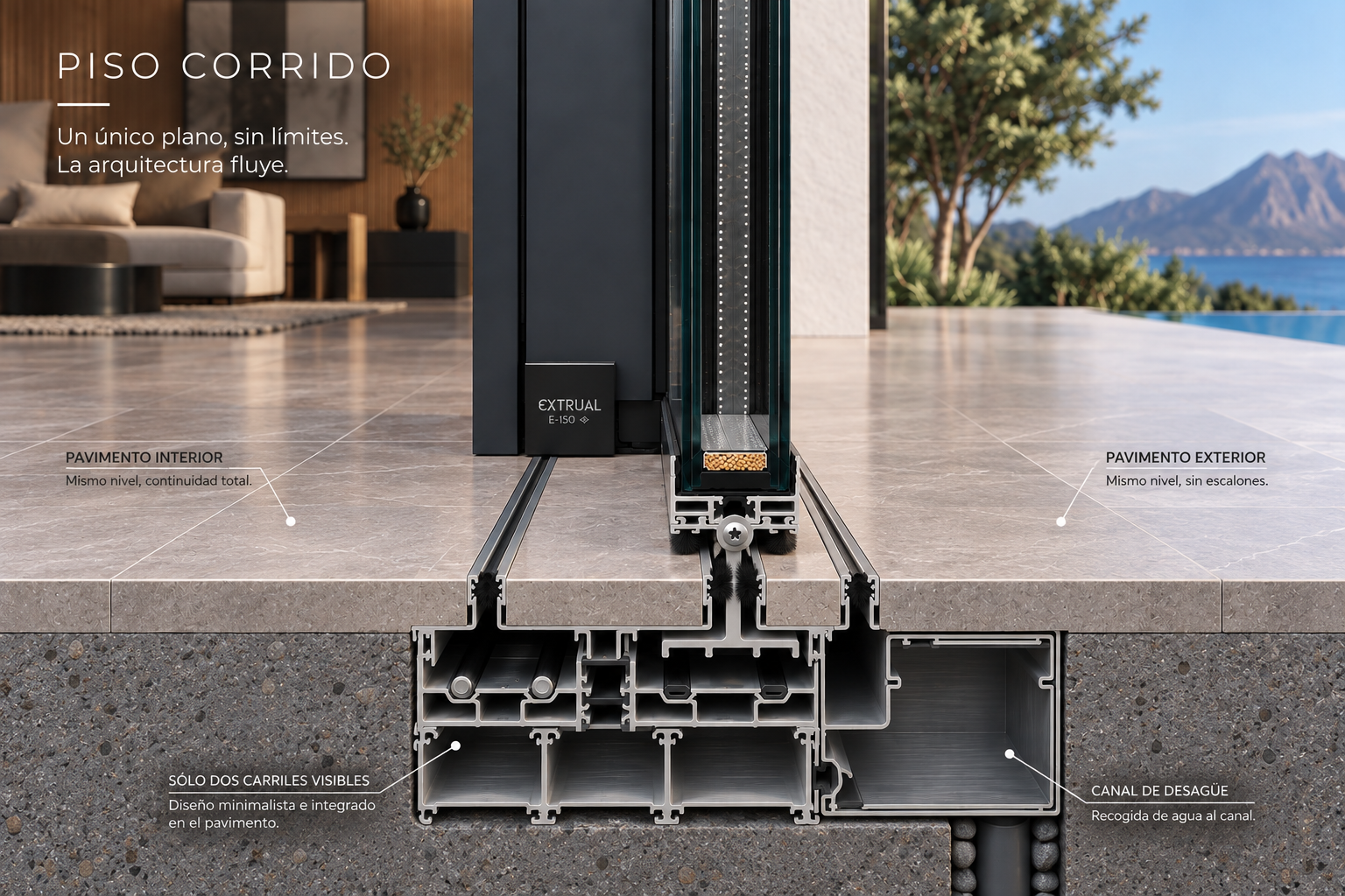 Detalle realista del piso corrido y drenaje integrado de Extrual E-150 RPT