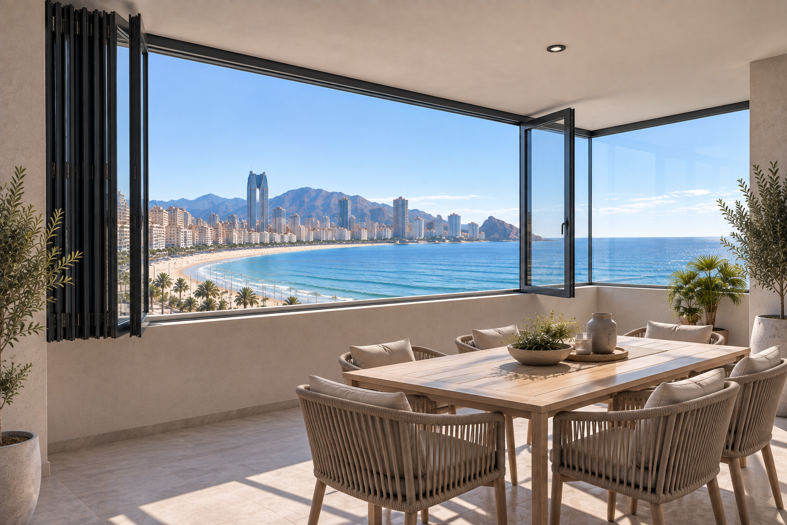 Sistema plegable Extrual E-160 en terraza de apartamento frente al mar