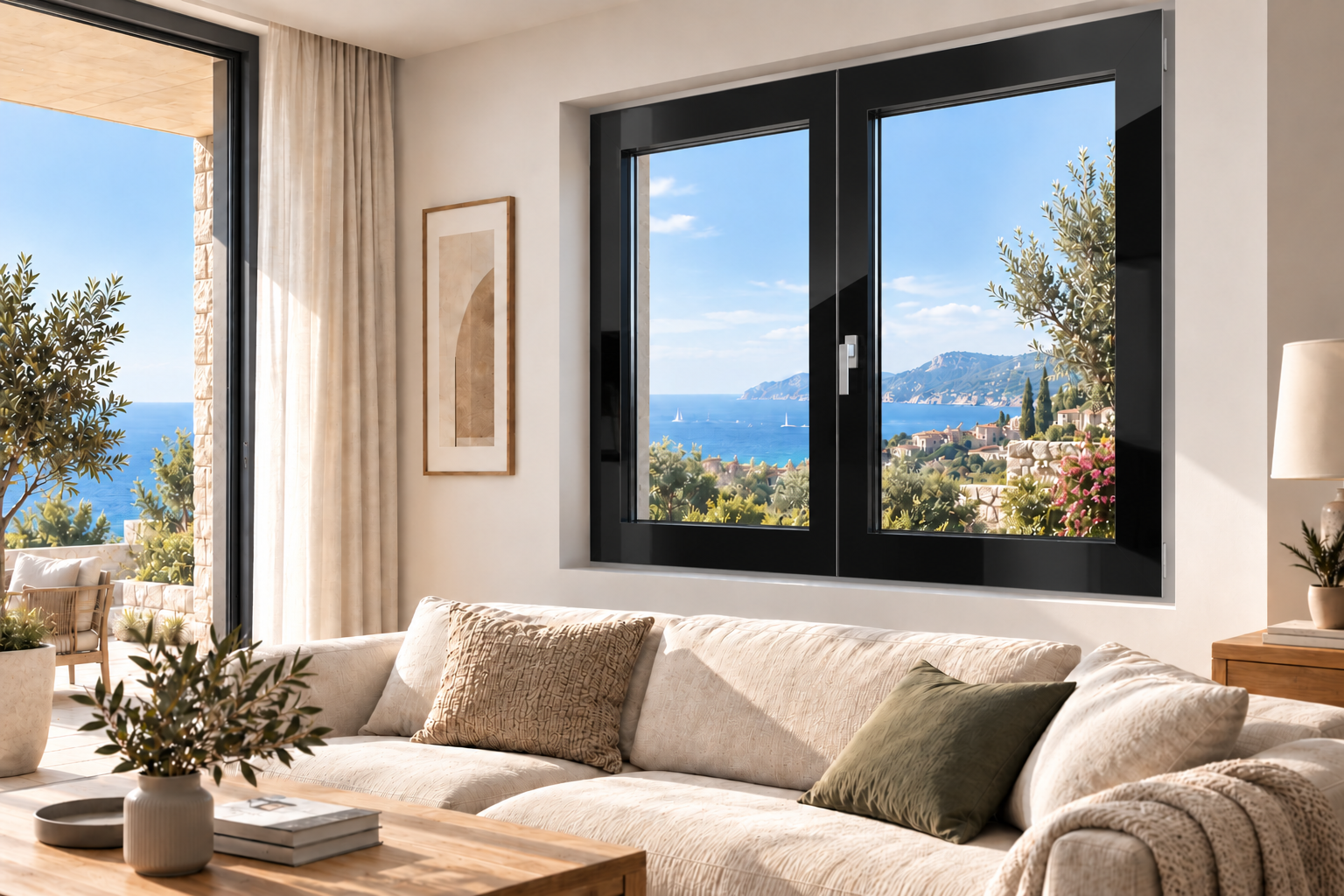 Ventana Refine Glass oscilobatiente en ambiente mediterráneo