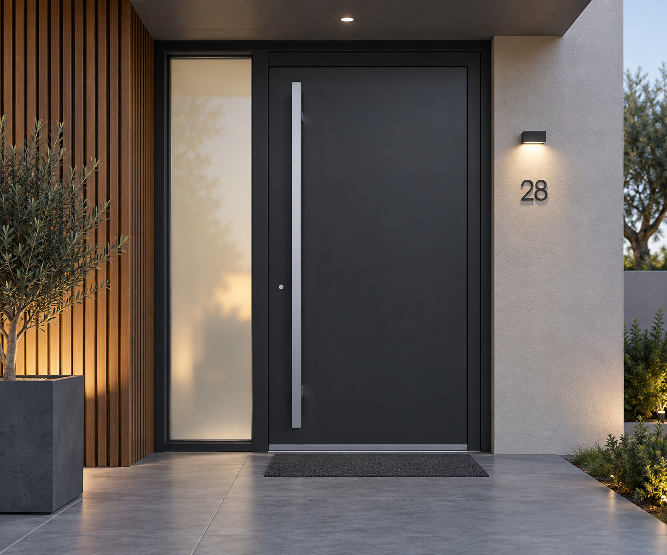 Puerta de entrada Refine Ocultec instalada en vivienda con fijo lateral de vidrio mate