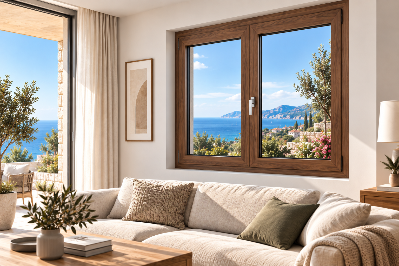 Ventana Refine Triple Vidrio oscilobatiente en acabado nogal y ambiente mediterráneo
