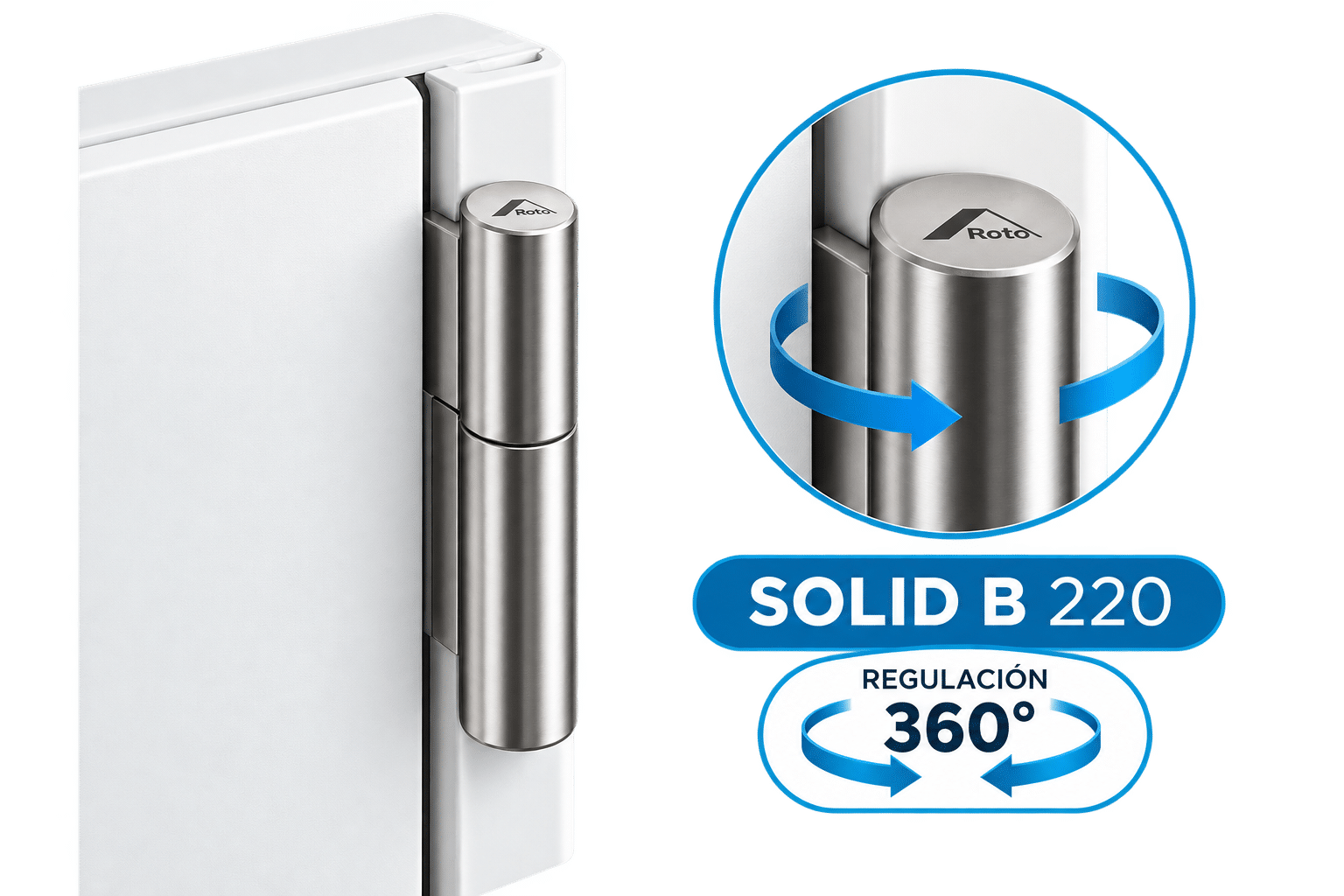 Bisagra Roto Solid B 220 con regulación 360 grados para puertas PVC