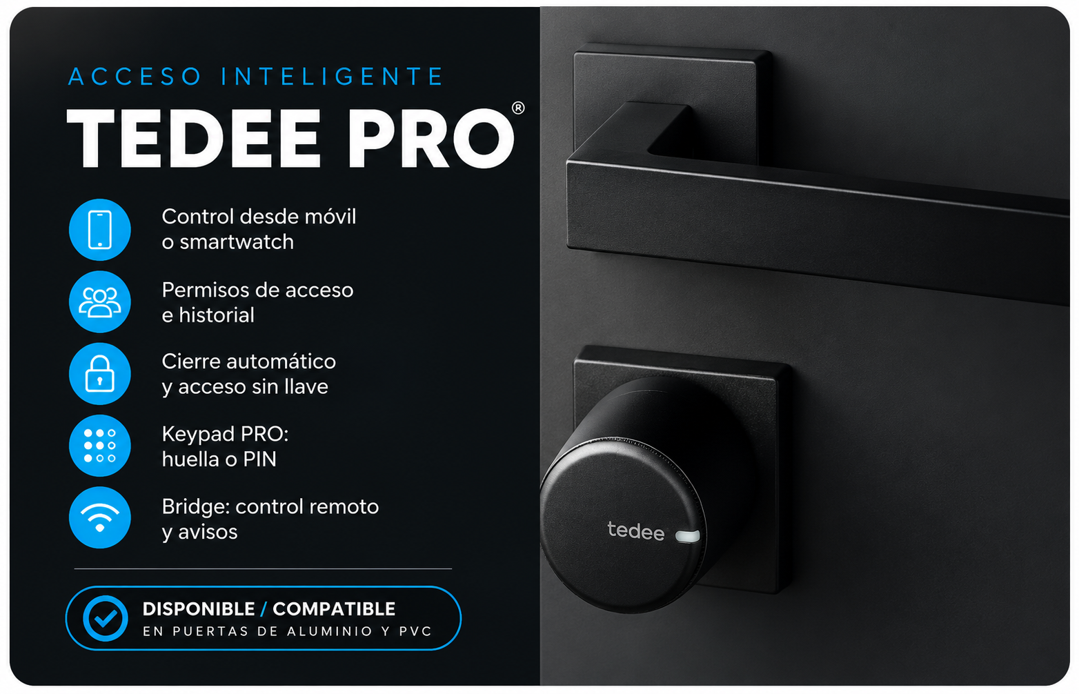 Tedee PRO acceso inteligente compatible con puertas de aluminio y PVC