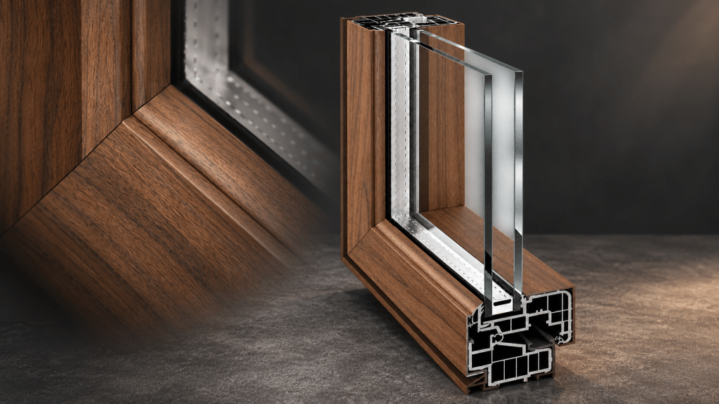 Escuadra Refine con foliado madera nogal y detalle de la veta y del encuentro a inglete.